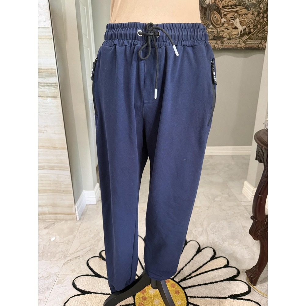 Black Pants Mens 31 Blue Jogger Knit Elastic Waist Zip Pockets Cuffed Athletic